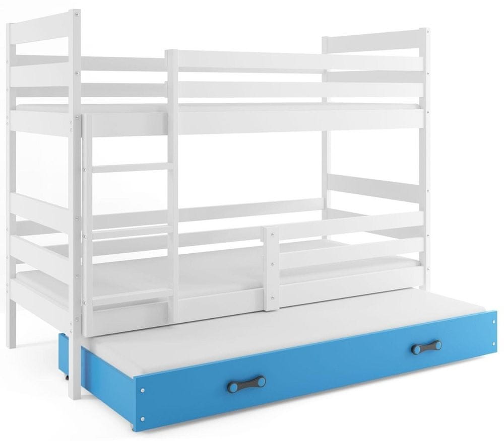 eoshop Poschodová posteľ s prístelkou ERYK 3 80x190 cm, biela / modrá (Voľba matraca: Penový matrac)